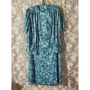 Vintage 70s Blue Roses Dress & Jacket Size XL 1970s Retro Mod Floral Boho Chic
